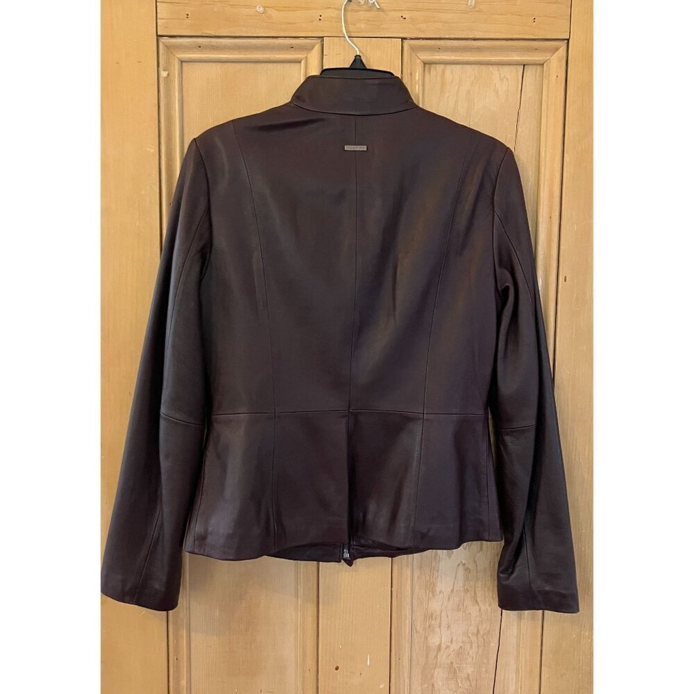 DKNY Womens Ruffle-Front Lambskin Bordeaux Leather Jacket Small Brown FA EXC - Picture 10 of 12